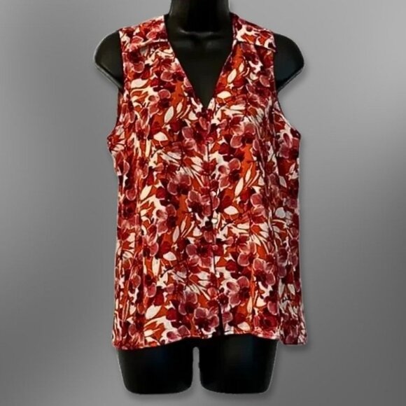 Pleione Blouse Floral Print Sleeveless Button-Down Front Orange/Pink W US S NWT - Picture 1 of 4